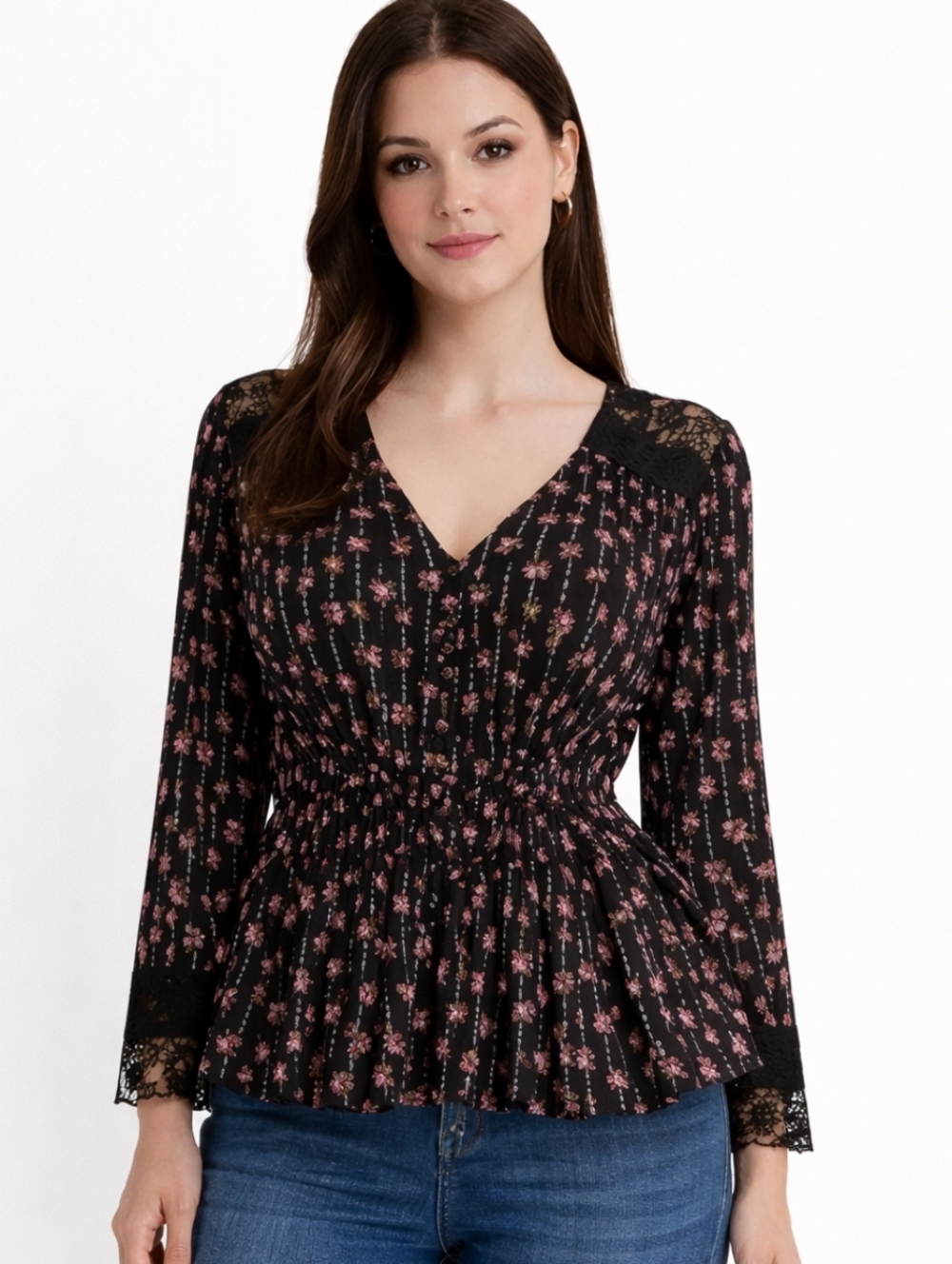 Enkay | Frilled Peplum Black Pink Blouse NWT